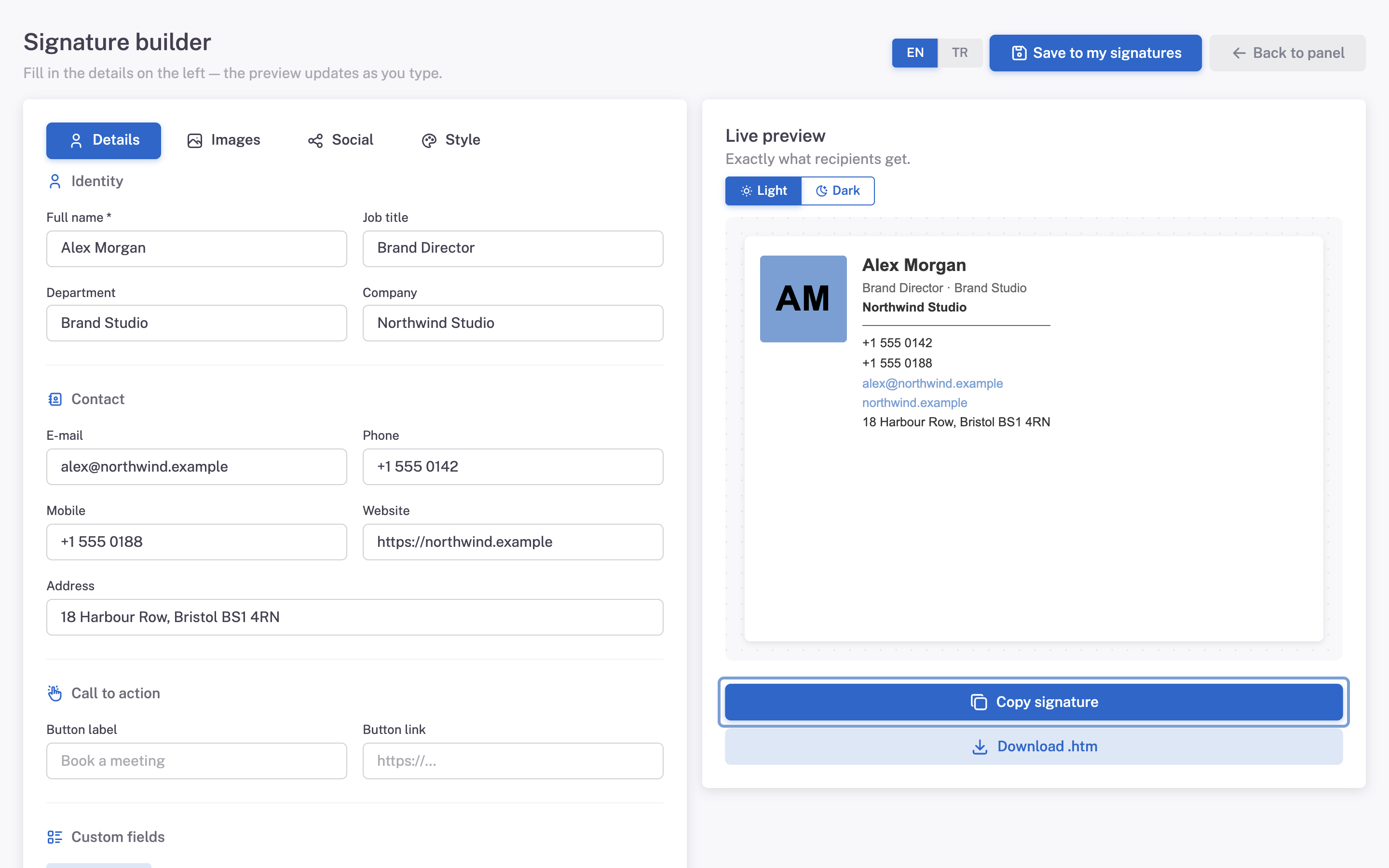 The Mailmyra builder with a finished signature and the Copy signature button
