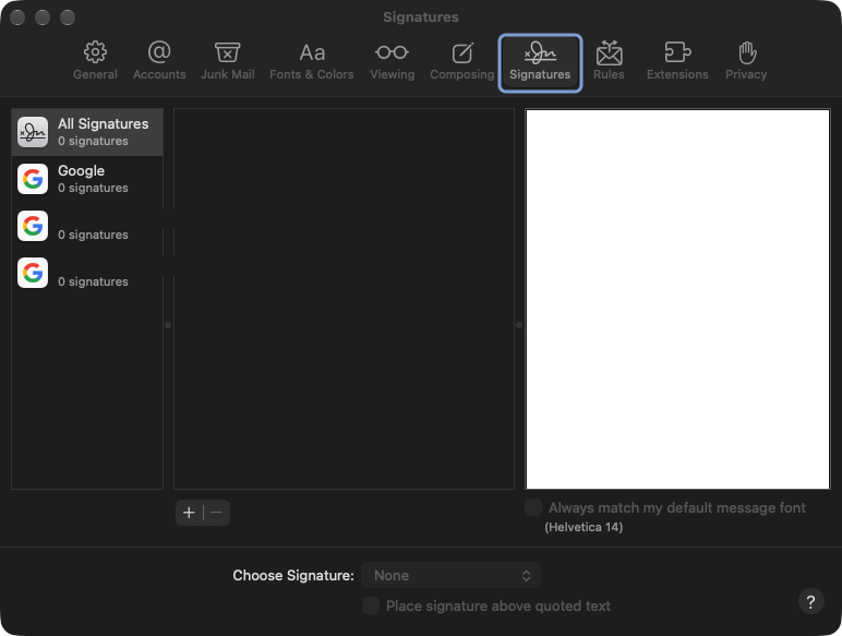 Mail settings with the Signatures tab selected