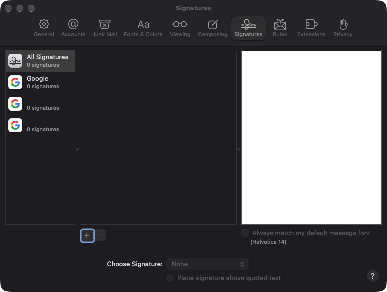 The Signatures pane with the account list and the add button