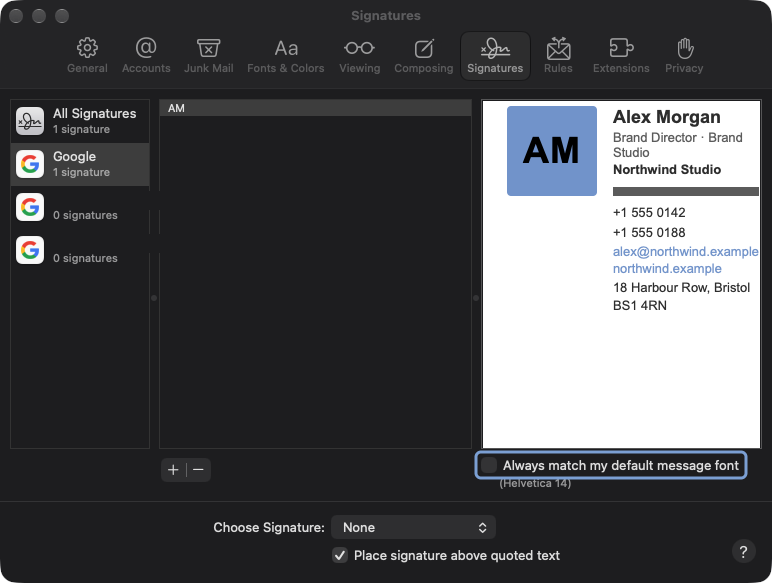 The signature editor with the pasted Mailmyra signature and Always match my default message font unticked