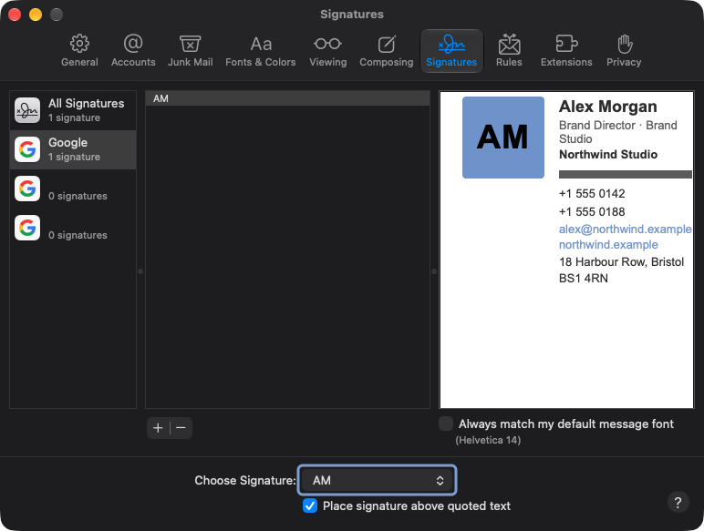 Mail's Signatures settings with the Choose Signature menu at the bottom set to the pasted signature